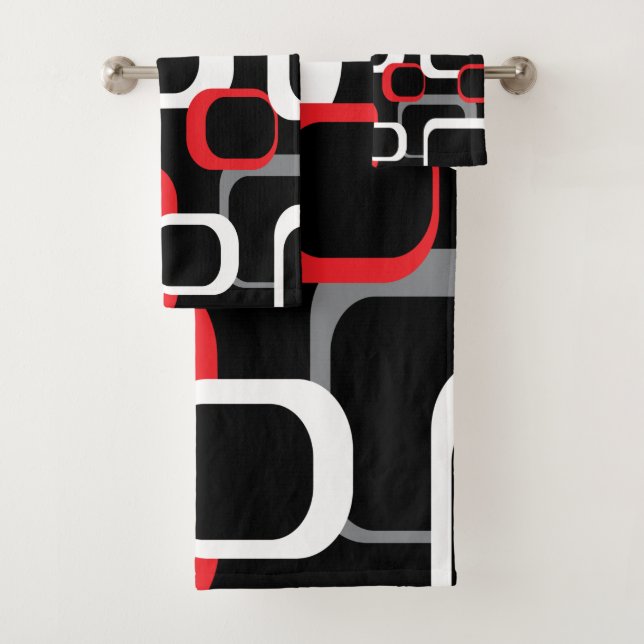 Retro Squares Red White Grey Black Background Bath Towel Set (Insitu)