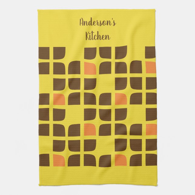 Retro Squares Yellow Brown Custom Family Name Tea Towel (Vertical)