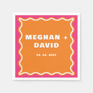 Retro Squiggle Wavy Curve Pink Orange Wedding Napkin