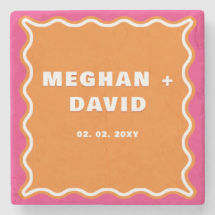 Retro Squiggle Wavy Curve Pink Orange Wedding Stone Coaster
