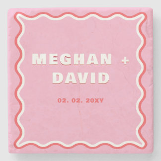 Retro Squiggle Wavy Curve Pink Red Wedding Stone Coaster