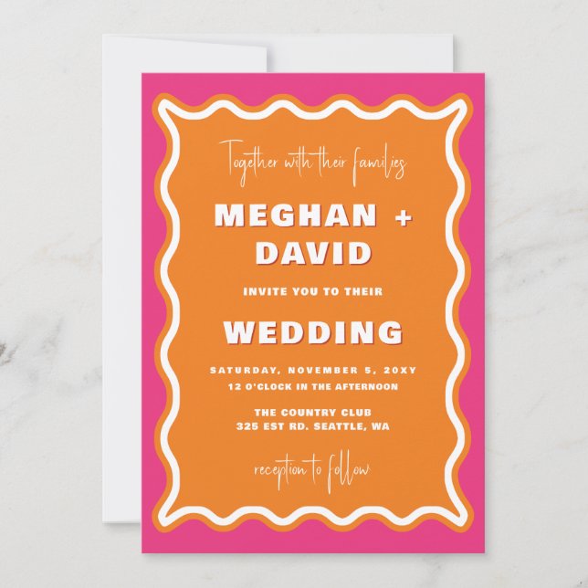 Retro Squiggle Wavy Pink Orange Photo Wedding Invitation (Front)