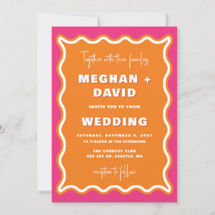 Retro Squiggle Wavy Pink Orange Photo Wedding Invitation