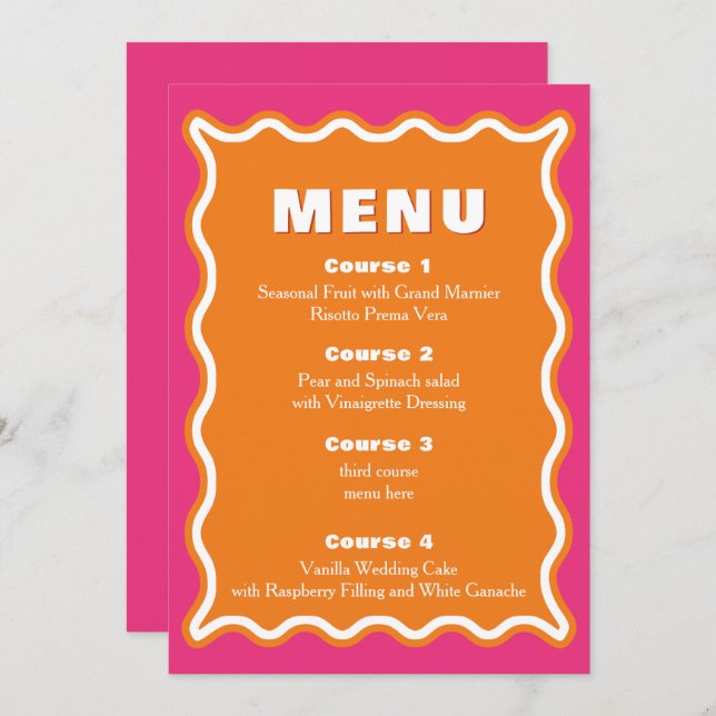 Retro Squiggle Wavy Pink Orange Wedding Menu (Front/Back)