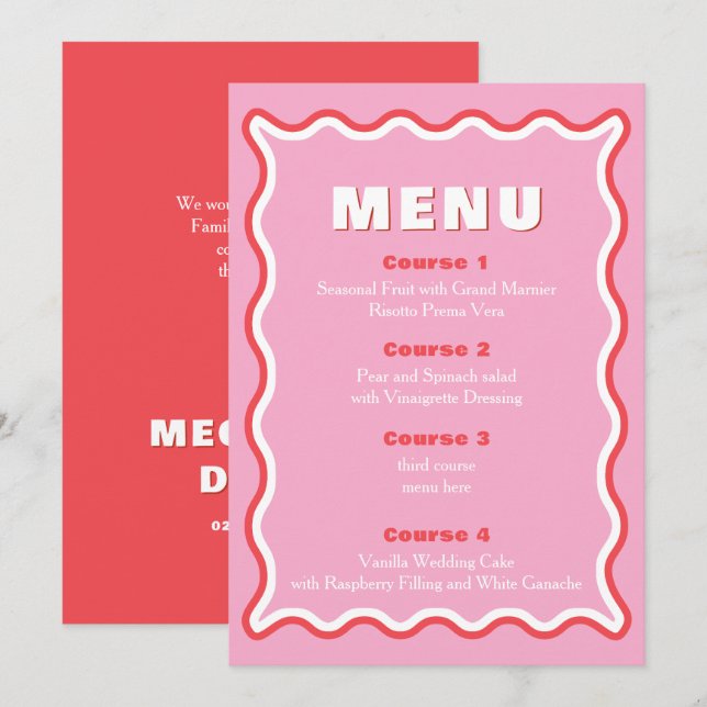 Retro Squiggle Wavy Pink Red Wedding Menu (Front/Back)