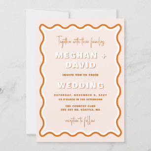 Retro Squiggle Wavy Terracotta Photo Wedding Invitation