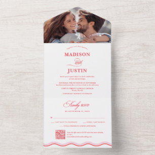 Retro Squiggly Curves Pink and Red Wavy Wedding All In One Invitation