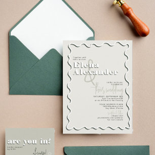 Retro Squiggly Wavy Green Taupe Wedding Invitation