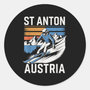 Retro St Anton Austria Ski Resort, Fun Alpine Skii Classic Round Sticker