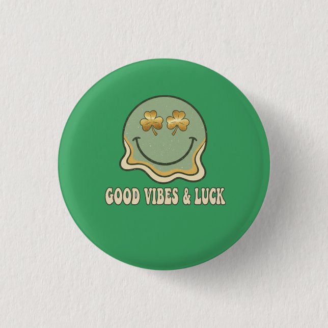 Retro St. Patrick's Day Good Vibes & Luck Smiley  3 Cm Round Badge (Front)