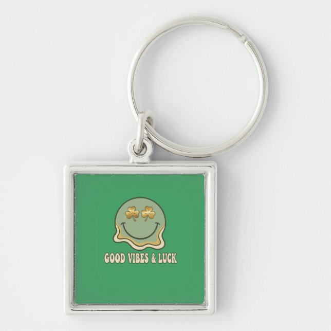 Retro St. Patrick's Day Good Vibes & Luck Smiley  Key Ring (Front)
