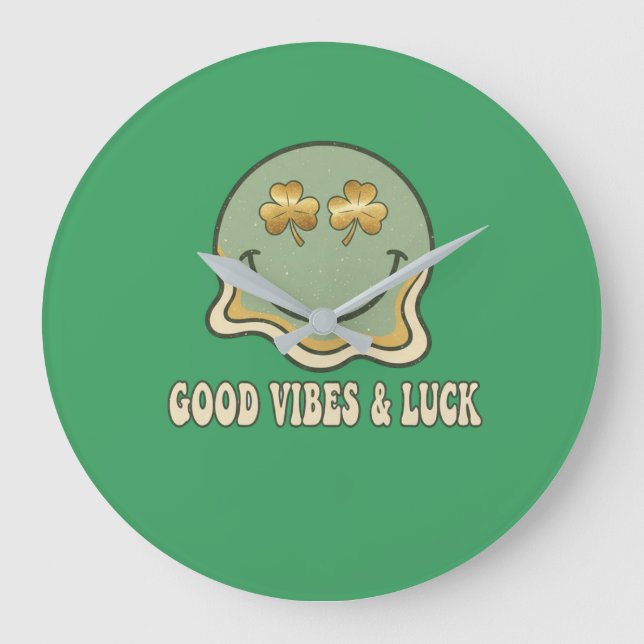 Retro St. Patrick's Day Good Vibes & Luck Smiley  Large Clock (Front)