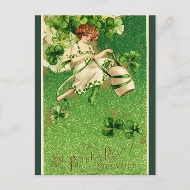 Retro St. Patrick's Day Irish Woman and Shamrocks Postcard (Front)