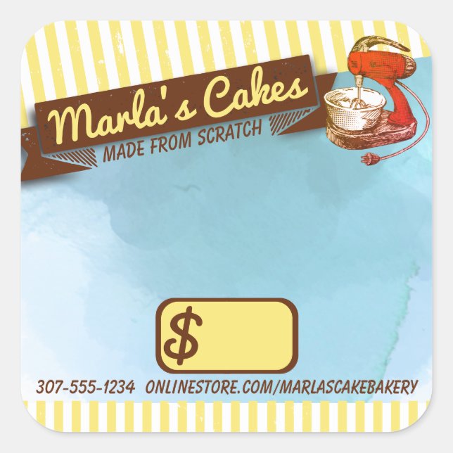Retro stand mixer cakes baking bakery price square sticker (Front)
