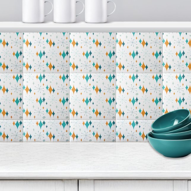 Retro Starburst Stars Pattern Orange Teal Aqua Tile (Retro Starburst Stars Pattern Orange Teal Aqua Ceramic Tile)