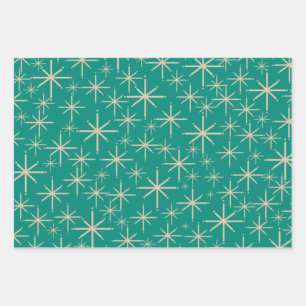 Retro Starbursts in Mid Mod Beige, Orange, Teal Wrapping Paper Sheet
