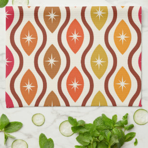 Retro Starbursts on Colourful ogee ovals pattern  Tea Towel