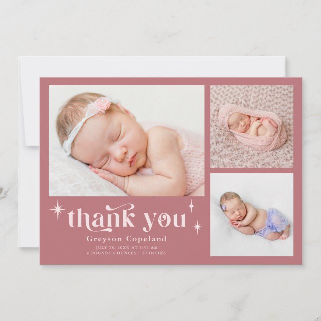 Retro Stars Boy Dusty Pink Birth Announcement  (Front)