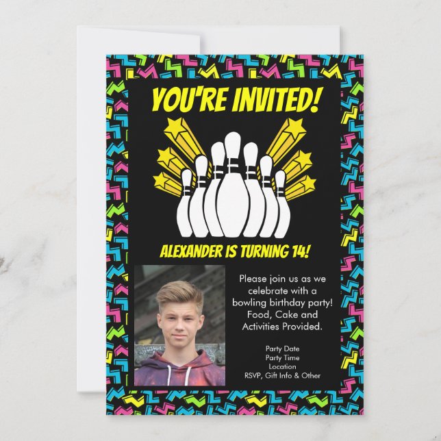 Retro Stars Photo Bowling Party Birthday Invitation (Front)