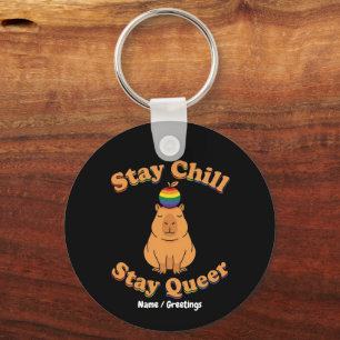 Retro Stay Chill Stay Queer Capybara Rainbow Zen Key Ring