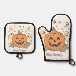 Retro Stay Creepy Pumpkin & Cute Ghosts Halloween Oven Mitt & Pot Holder Set