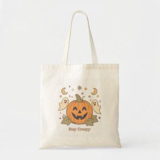 Retro Stay Creepy Pumpkin & Cute Ghosts Halloween Tote Bag