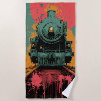 Retro Steam Train Graphic with Bold Sunset Colors Beach Towel