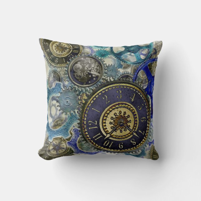 Retro Steampunk Cushion watches gears cogs blue (Front)