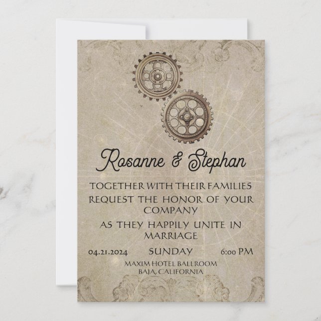 Retro Steampunk Geared for Love Wedding Invitation (Front)