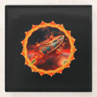 Retro Steampunk Moon Rocket Glass Coaster