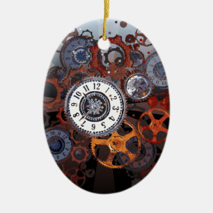 Retro steampunk watch parts, gears and cogs print ceramic tree decoration