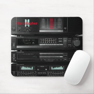 Retro Stereo System Black Mouse Mat