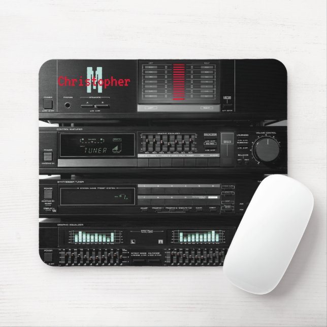 Retro Stereo System Black Mouse Mat (With Mouse)