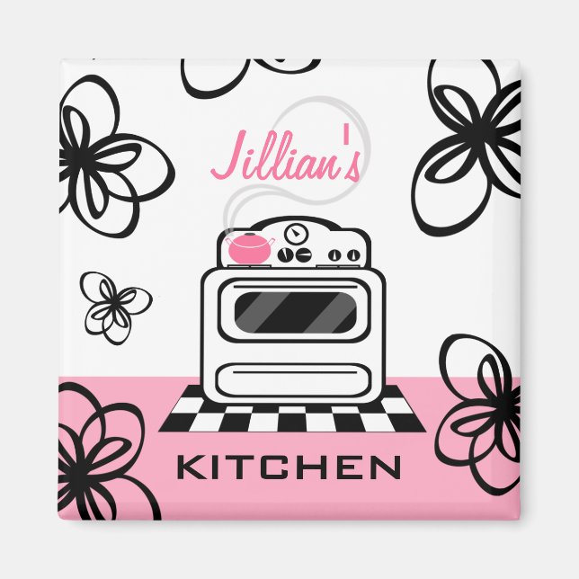 Retro Stove Modern Pink & Black Kitchen Magnet (Front)