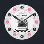 Retro Stove Personalised Kitchen Clock<br><div class="desc">A clock featuring an illustration of a retro white kitchen stove.  Personalise with your name above illustration.  Clock features white numbers on pink and black dots.</div>
