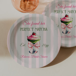 Retro Strawb Perfect Matcha Pink Bow Bridal Shower Paper Plate