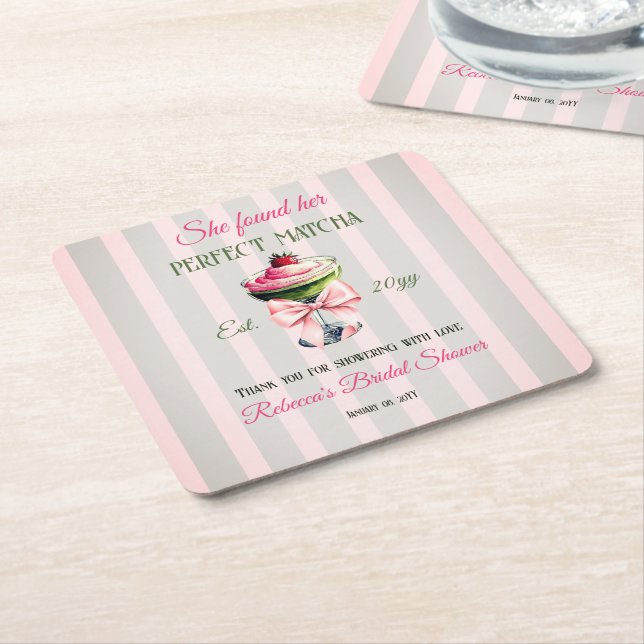 Retro Strawb Perfect Matcha Pink Bow Bridal Shower Square Paper Coaster (Angled)