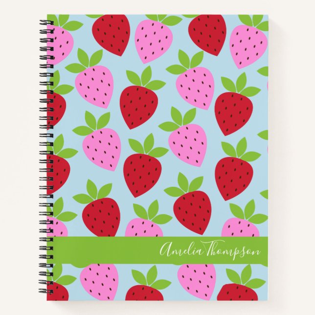 Retro Strawberry Fruit Pattern Blue Personalised  Notebook (Front)
