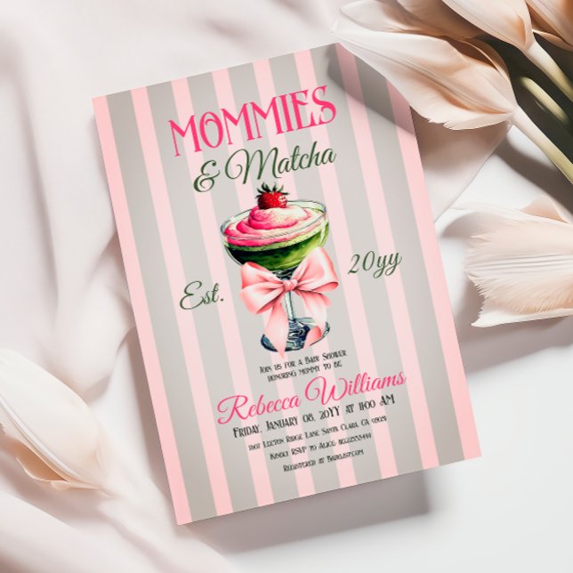 Retro Strawberry Matcha Pink Bow Baby Shower Invitation (Creator Uploaded)