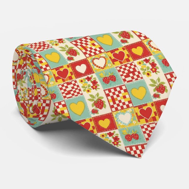 Retro Strawberry Patchwork Floral Pattern Tie (Rolled)