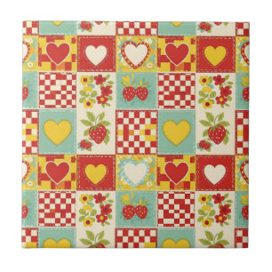 Retro Strawberry Patchwork Floral Pattern Tile