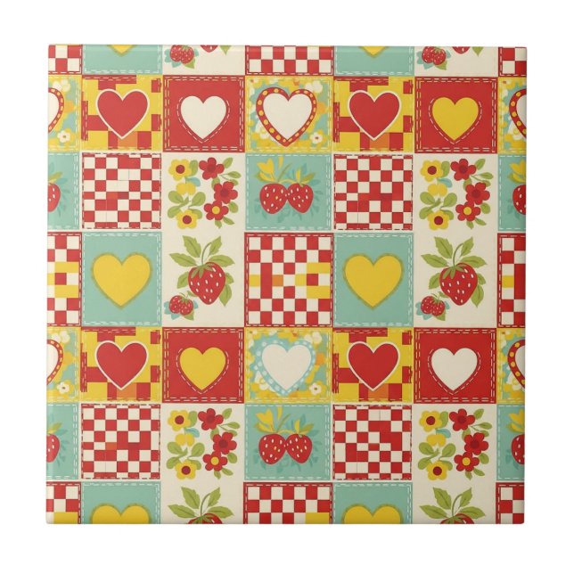 Retro Strawberry Patchwork Floral Pattern Tile (Front)