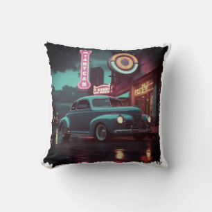 Retro Street Scene Art 1940s Classic Car Cushion