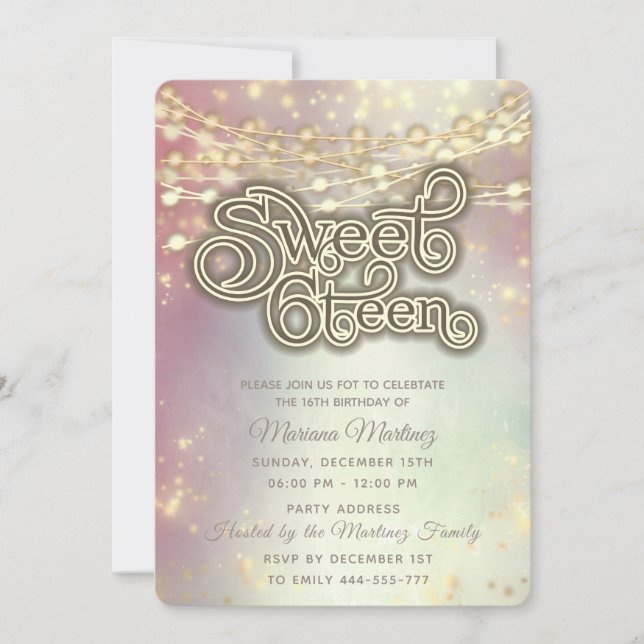 Retro String lights gold sparkle blushed  Invitation (Front)