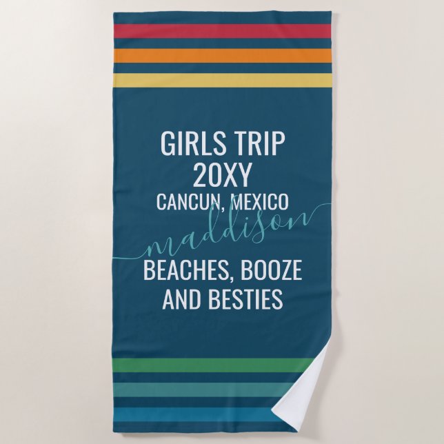 Retro Stripe Beaches & Besties Personalised Beach Towel (Front)