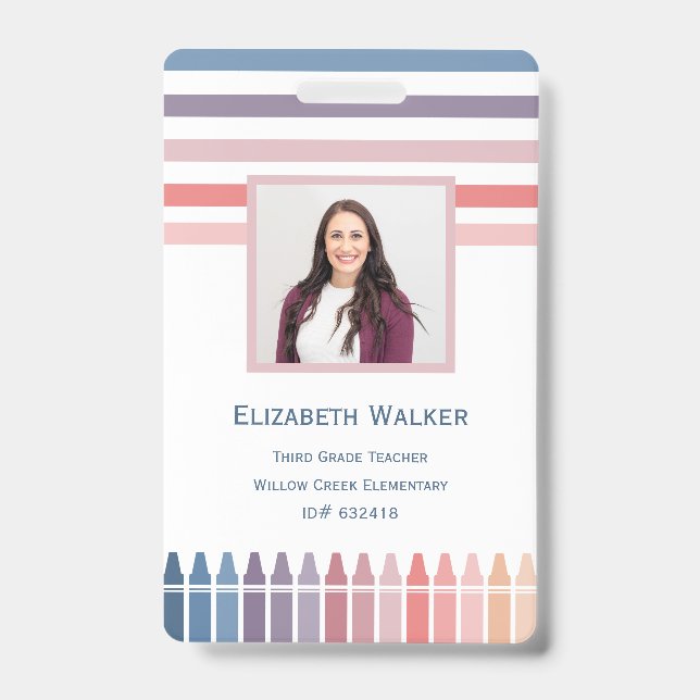 Retro Stripe Crayon Teacher Employee ID Badge (Front)