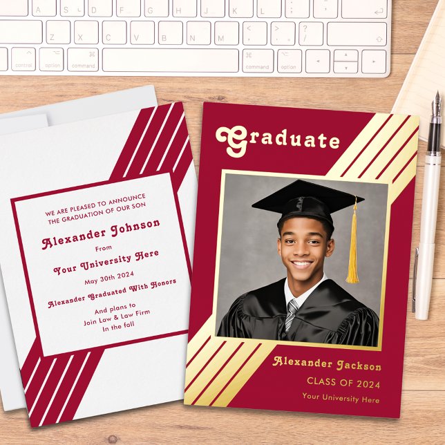 Retro Stripe Grad Photo Burgundy and Gold (Modern bold grad photo burgundy and gold foil graduate announcement card )