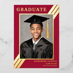 Retro Stripe Grad Photo Burgundy Gold Graduation