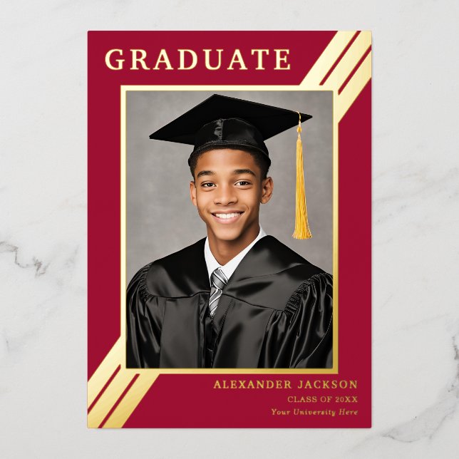 Retro Stripe Grad Photo Burgundy Gold Graduation (Front)
