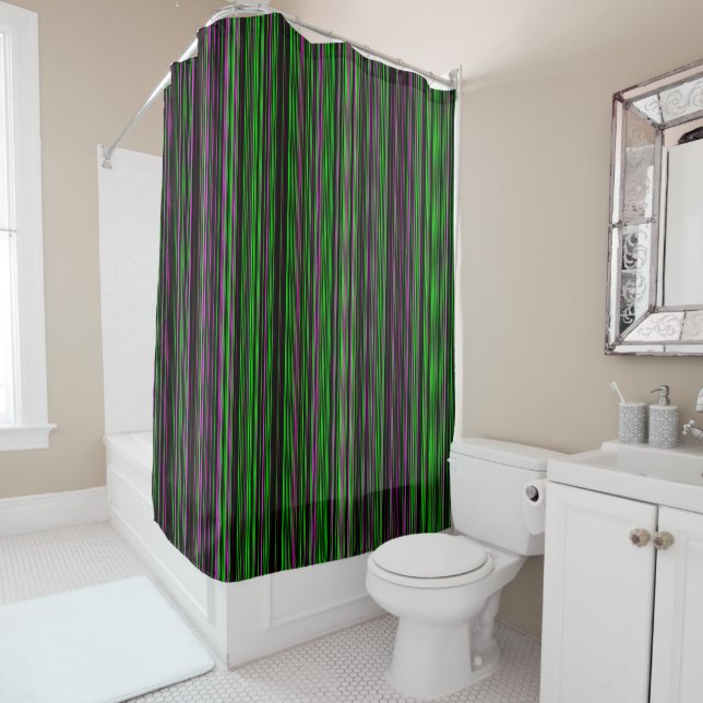 Retro stripe lime green purple Shower curtain (In Situ)